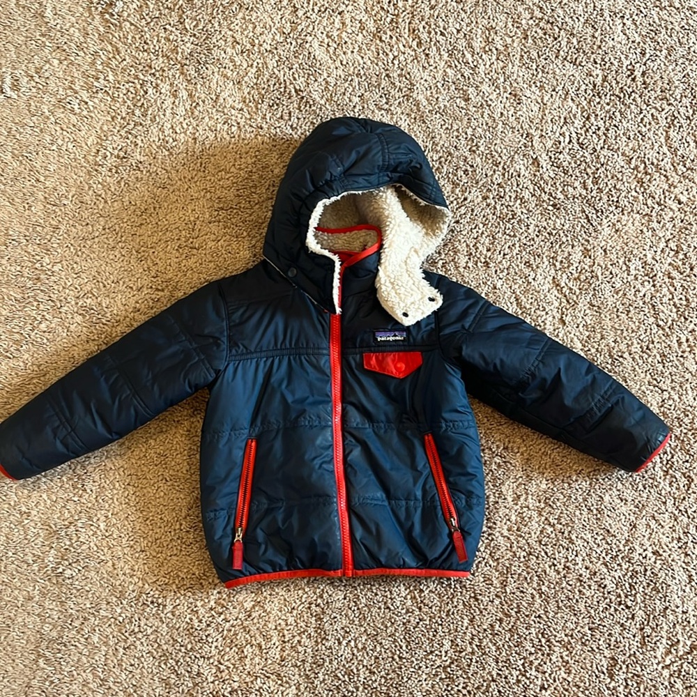Patagonia Kids Navy Puffer Jacket with Red Trim
